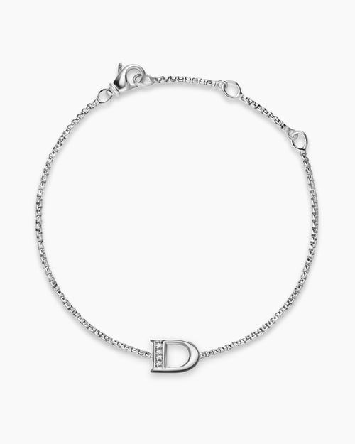 Womens Petite Initial Chain Bracelet in Sterling Silver with Diamond D
