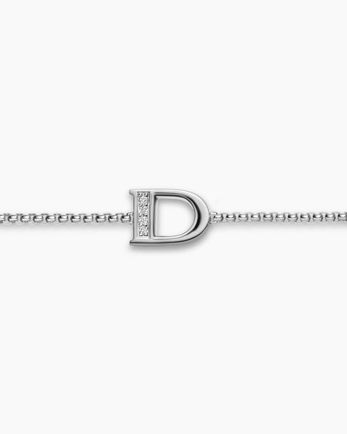 Womens Petite Initial Chain Bracelet in Sterling Silver with Diamond D