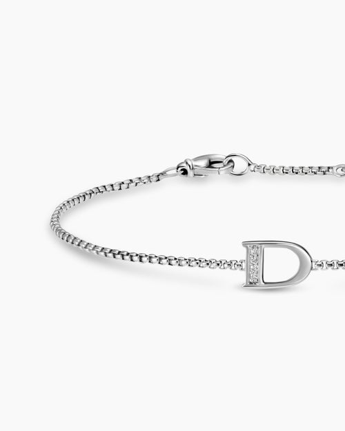 Womens Petite Initial Chain Bracelet in Sterling Silver with Diamond D