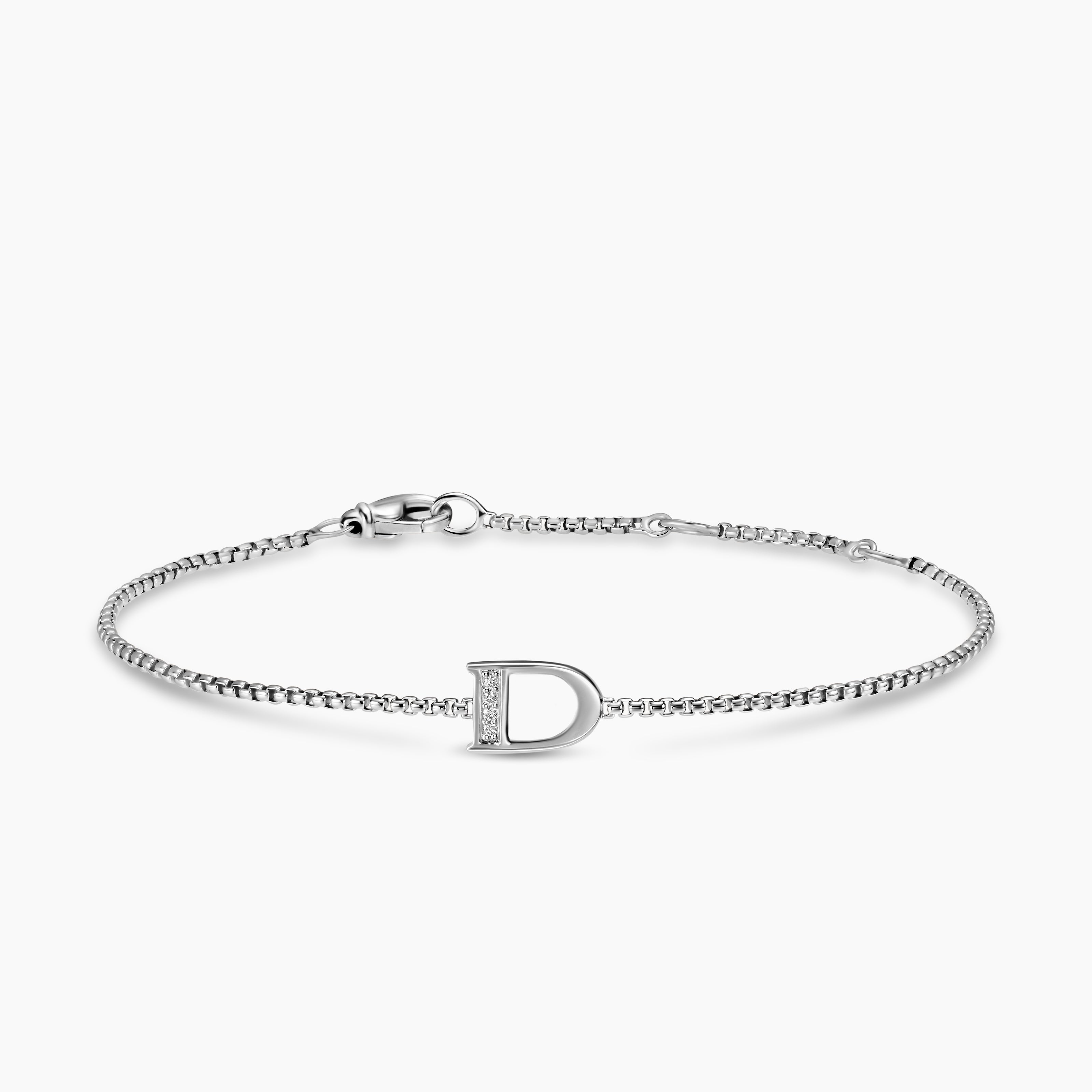 Womens Petite Initial Chain Bracelet in Sterling Silver with Diamond D