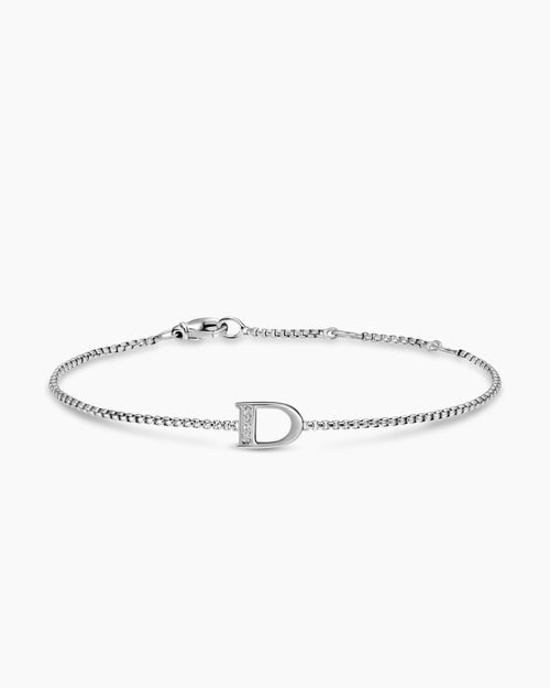 Womens Petite Initial Chain Bracelet in Sterling Silver with Diamond D