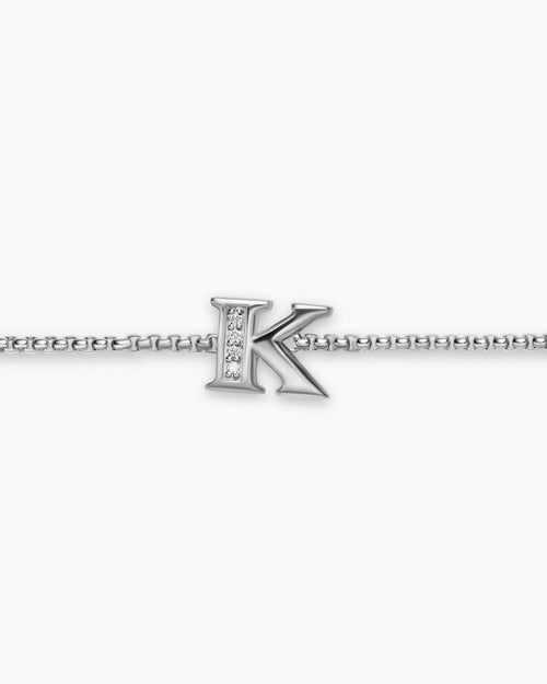 Womens Petite Initial Chain Bracelet in Sterling Silver with Diamond K