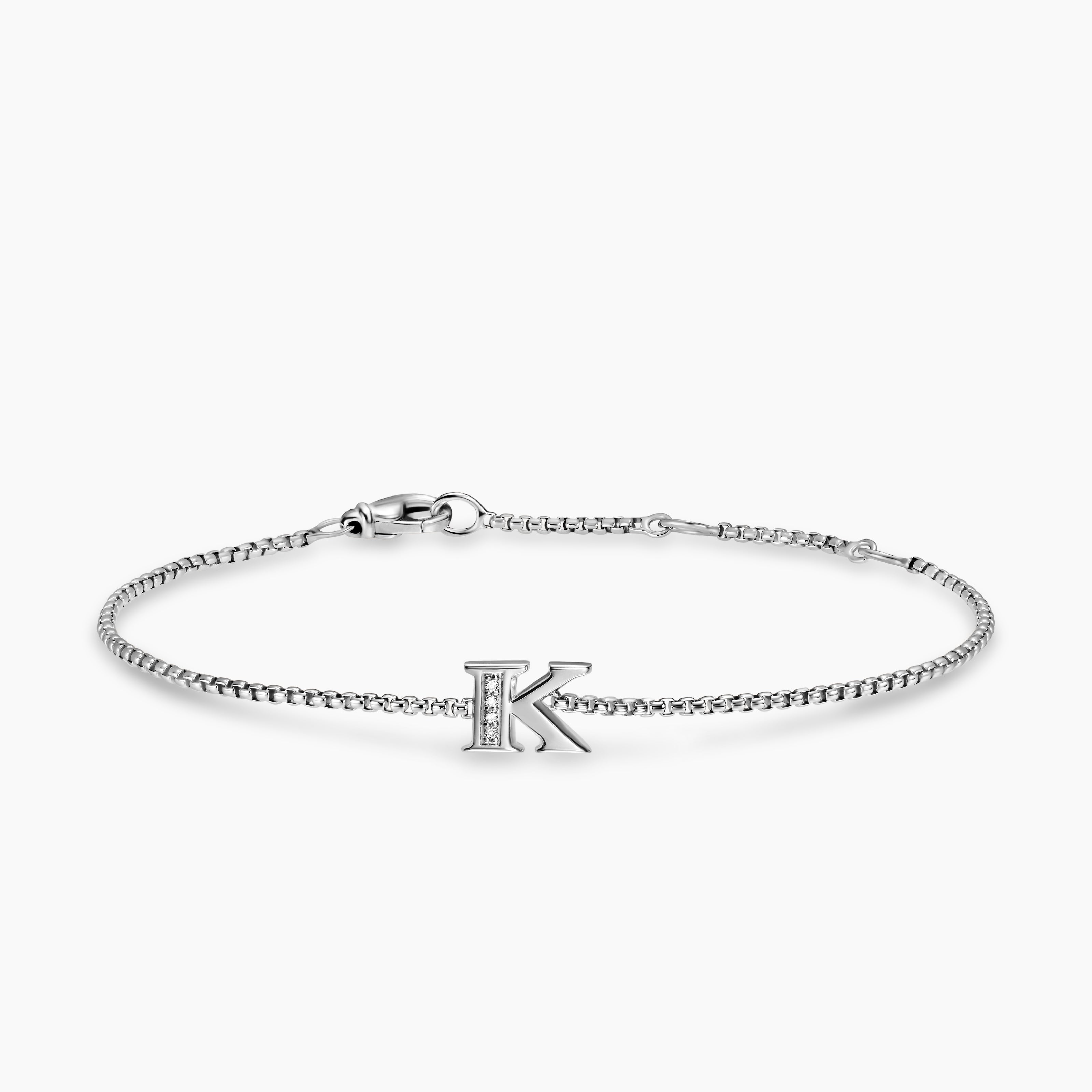 Womens Petite Initial Chain Bracelet in Sterling Silver with Diamond K