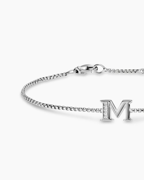 Womens Petite Initial Chain Bracelet in Sterling Silver with Diamond M