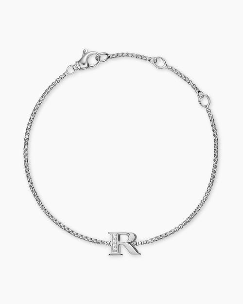 Womens Petite Initial Chain Bracelet in Sterling Silver with Diamond R