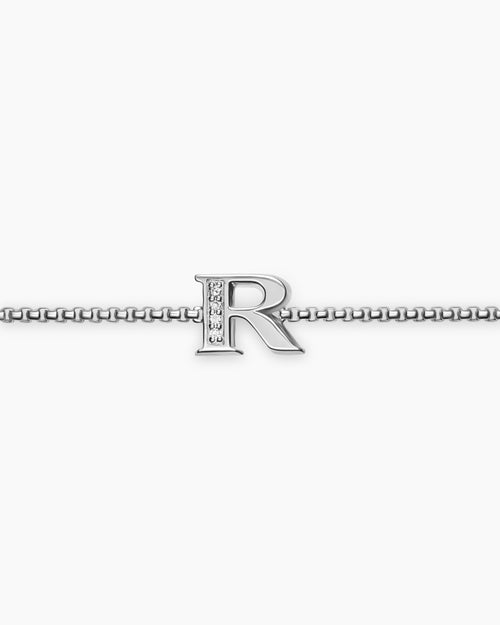 Womens Petite Initial Chain Bracelet in Sterling Silver with Diamond R
