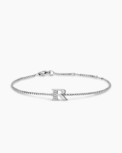 Womens Petite Initial Chain Bracelet in Sterling Silver with Diamond R