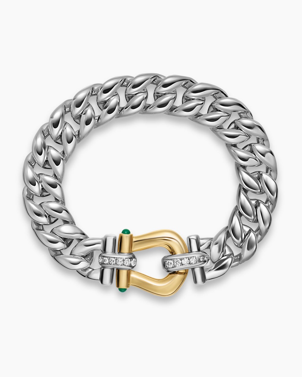 Bracelet Buckle Curb Chain Thoroughbred™ en argent massif avec or jaune 14 carats, onyx vert et diamants, 11,6 mm femme