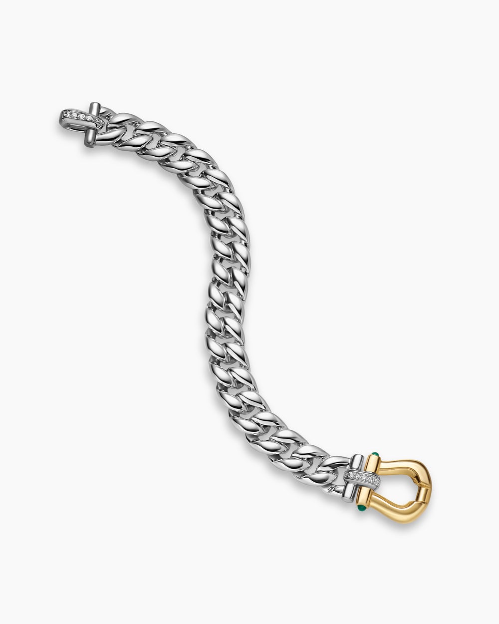 Bracelet Buckle Curb Chain Thoroughbred™ en argent massif avec or jaune 14 carats, onyx vert et diamants, 11,6 mm femme