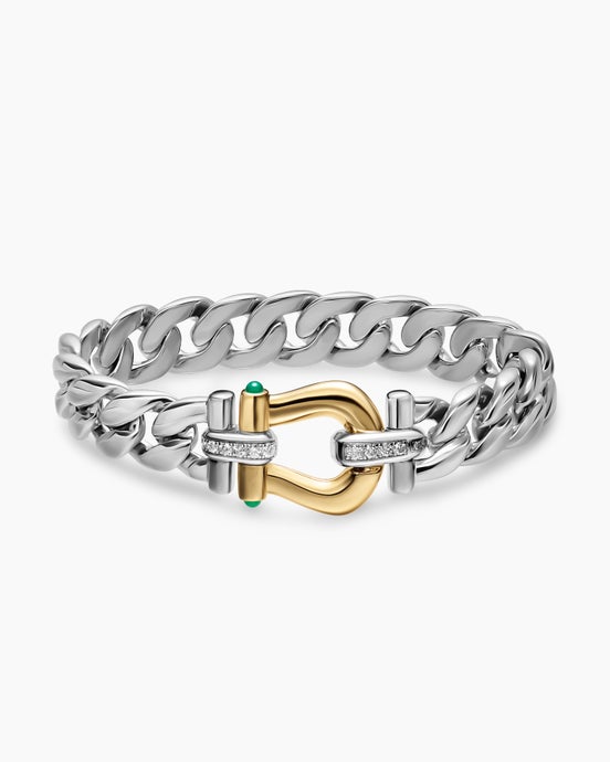 Bracelet Buckle Curb Chain Thoroughbred™ en argent massif avec or jaune 14 carats, onyx vert et diamants, 11,6 mm