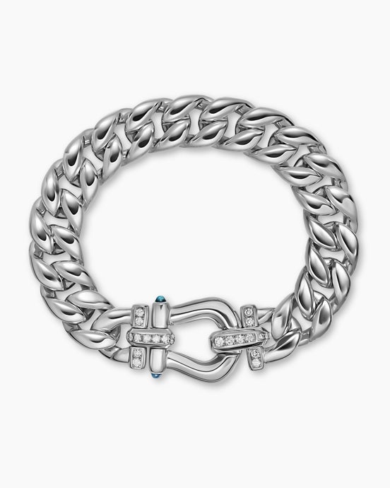 Bracelet Buckle Curb Chain Thoroughbred™ en argent massif avec topaze bleue Hampton et diamants, 11,6 mm