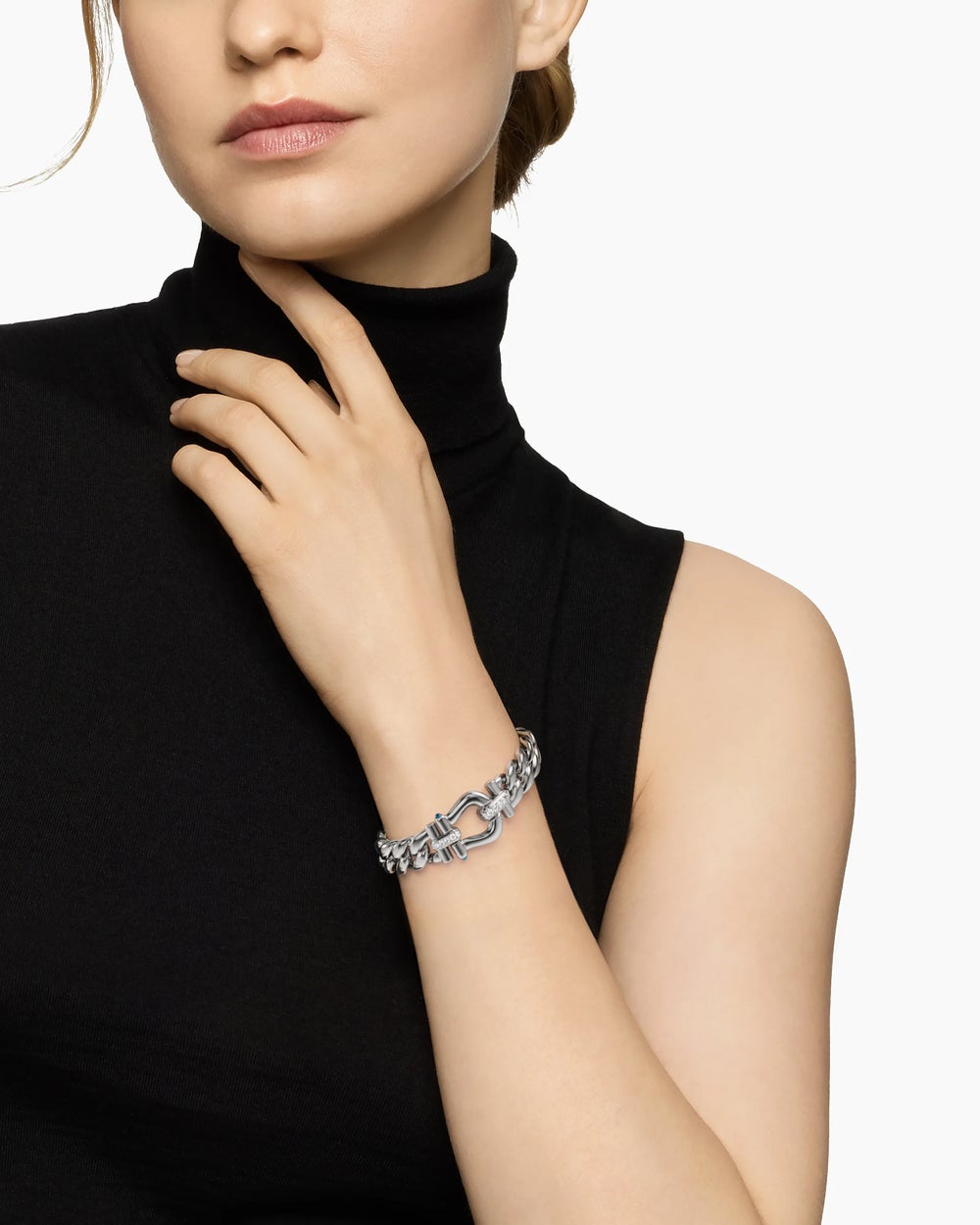 Womens Thoroughbred™ Buckle Curb Chain Bracelet in Sterling Silver with Hampton Blue Topaz and Diamonds, 11.6mm