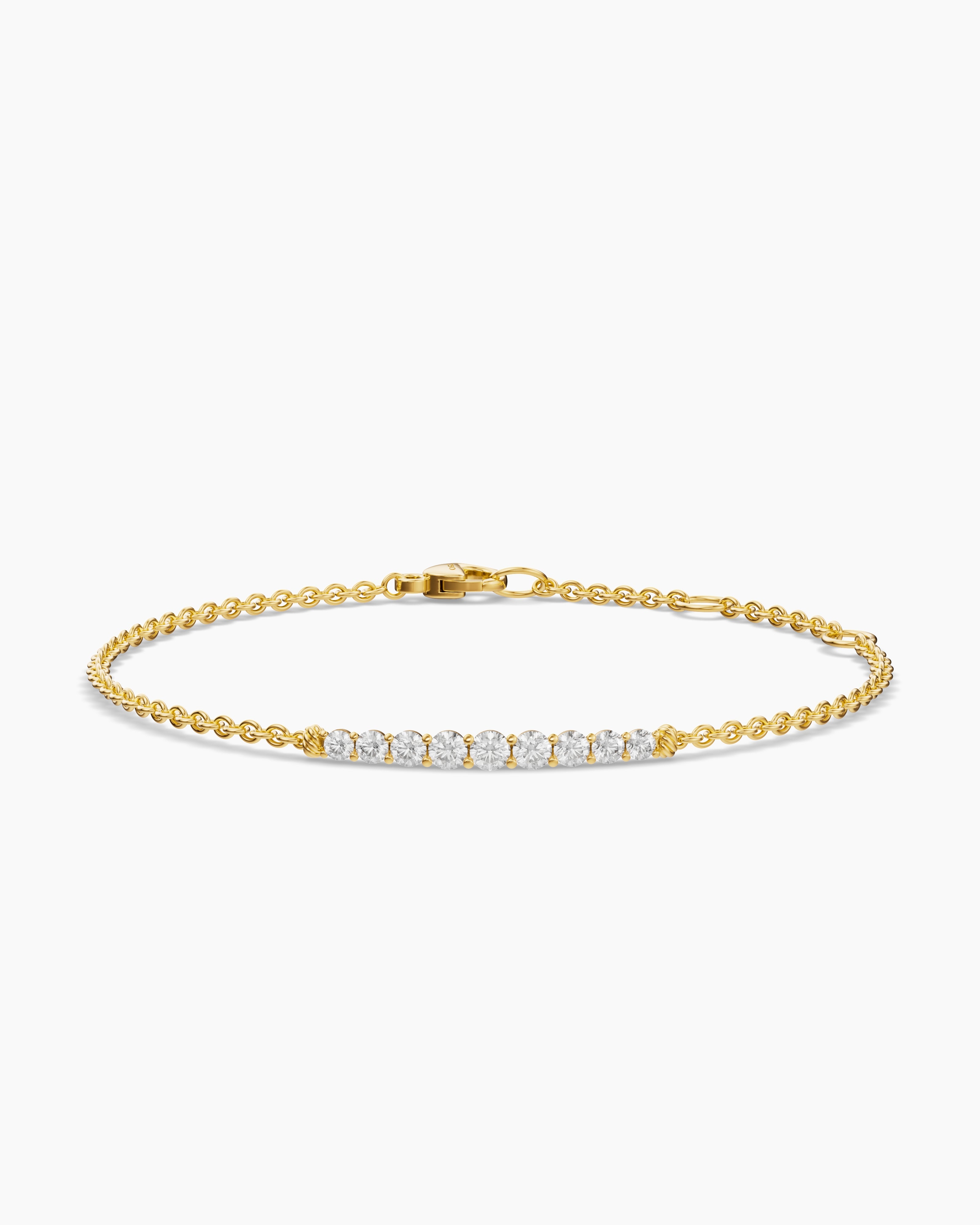 Womens Petite Pav&eacute; Tapered Bar Chain Bracelet in 18K Yellow Gold with Diamonds, 1.5mm