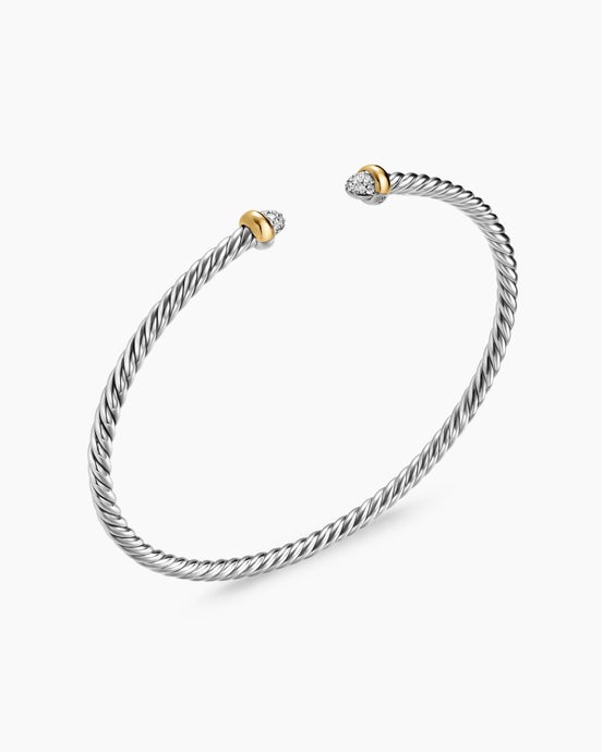 Micro Cable Flex® Bracelet in Sterling Silver with 14K Yellow Gold and Pavé Diamond Domes, 2.6mm