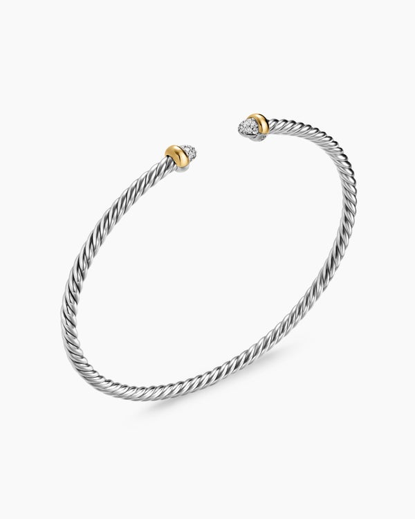 Micro Cable Flex Bracelet in Sterling Silver with 14K Yellow Gold with Pavé Domes, 2.6mm