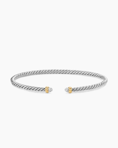 Womens Micro Cable Flex Bracelet in Sterling Silver with 14K Yellow Gold with Pavé Domes, 2.6mm