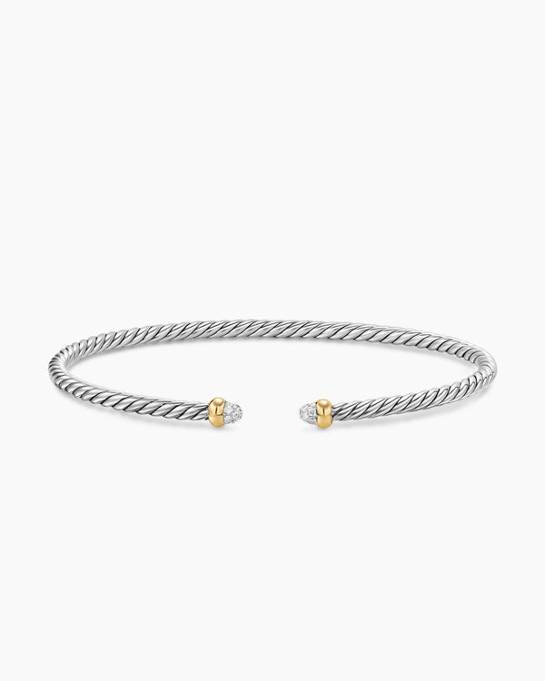 Micro Cable Flex Bracelet in Sterling Silver with 14K Yellow Gold with Pavé Domes, 2.6mm