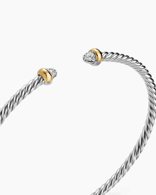 Womens Micro Cable Flex Bracelet in Sterling Silver with 14K Yellow Gold with Pavé Domes, 2.6mm