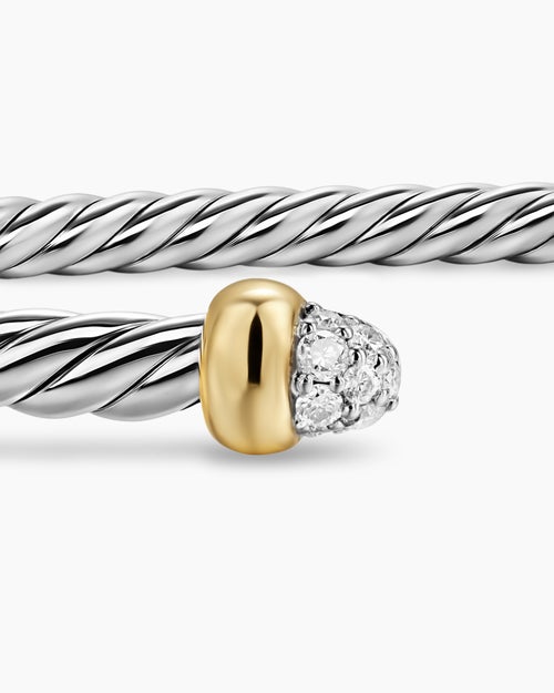 Womens Micro Cable Flex® Bracelet in Sterling Silver with 14K Yellow Gold and Pavé Diamond Domes, 2.6mm