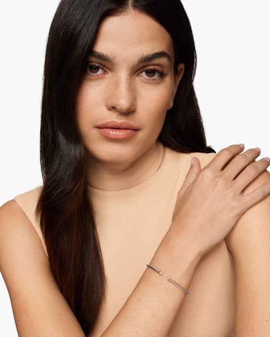 Micro Cable Flex® Bracelet in Sterling Silver with 14K Yellow Gold and Pavé Diamond Domes, 2.6mm