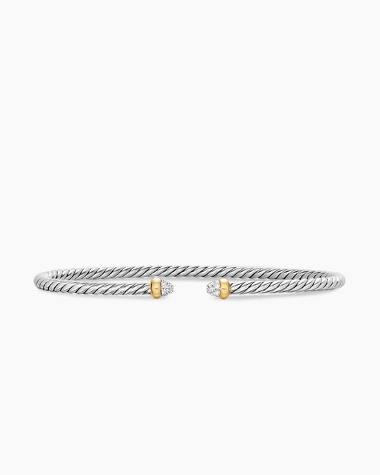 Micro Cable Flex® Bracelet in Sterling Silver with 14K Yellow Gold and Pavé Diamond Domes, 2.6mm