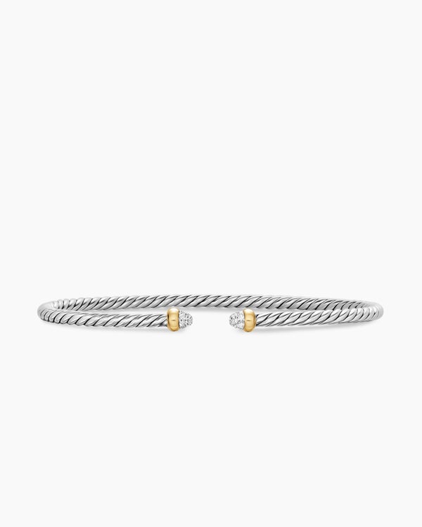 Micro Cable Flex Bracelet in Sterling Silver with 14K Yellow Gold with Pavé Domes, 2.6mm