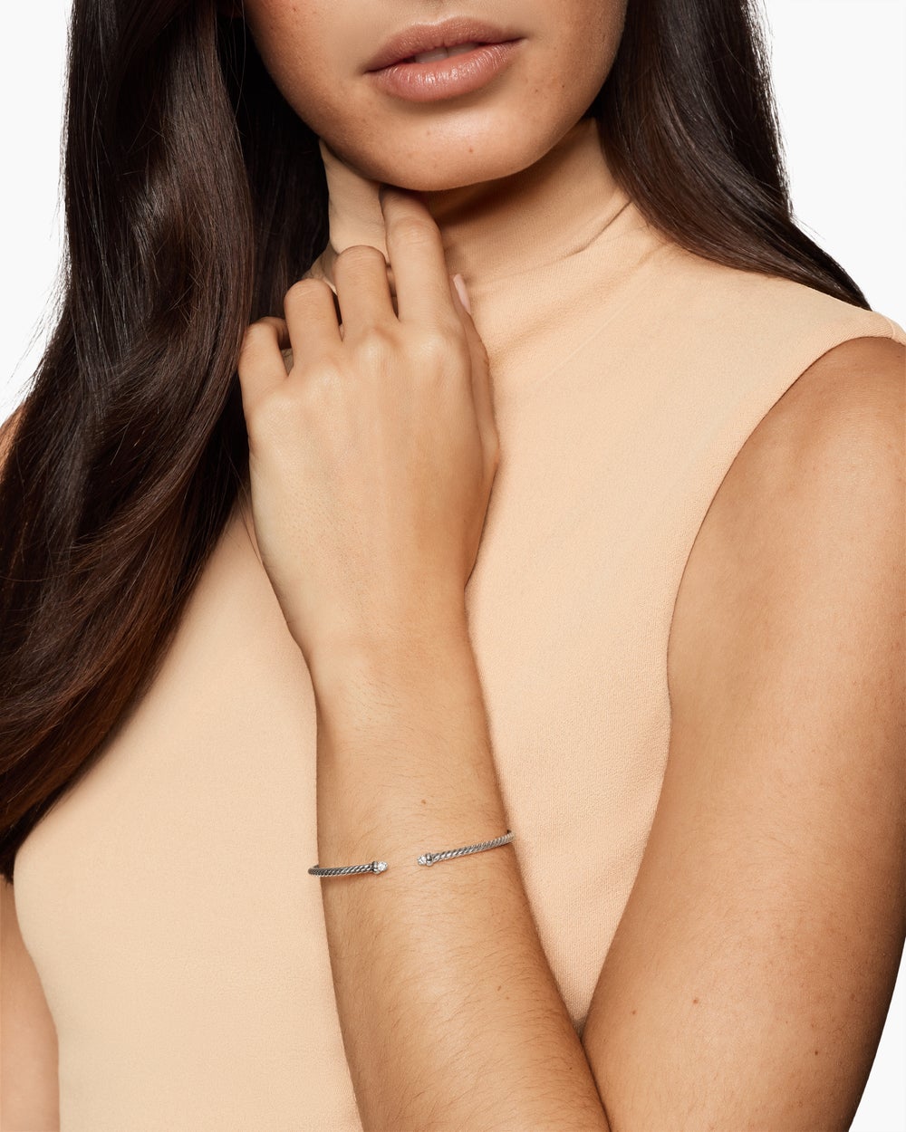 Womens Micro Cable Flex® Bracelet in Sterling Silver with Pavé Diamond Domes, 2.6mm