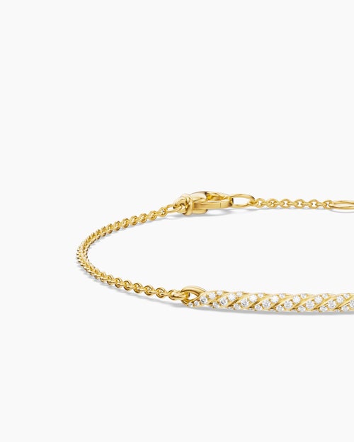 Womens Sculpted Cable Bar Chain Bracelet in 18K Yellow Gold with Diamonds, 2mm