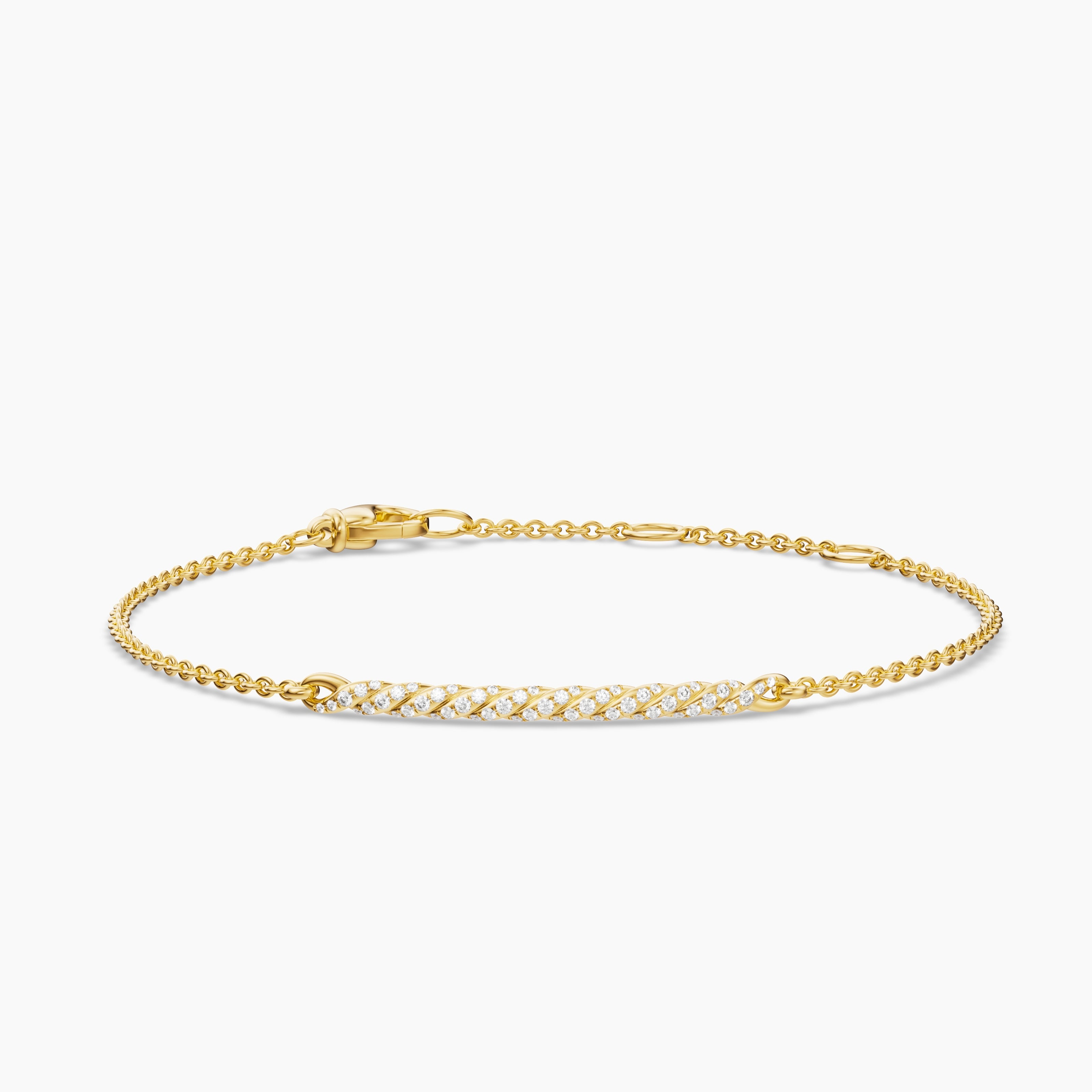 Womens Sculpted Cable Bar Chain Bracelet in 18K Yellow Gold with Diamonds, 2mm