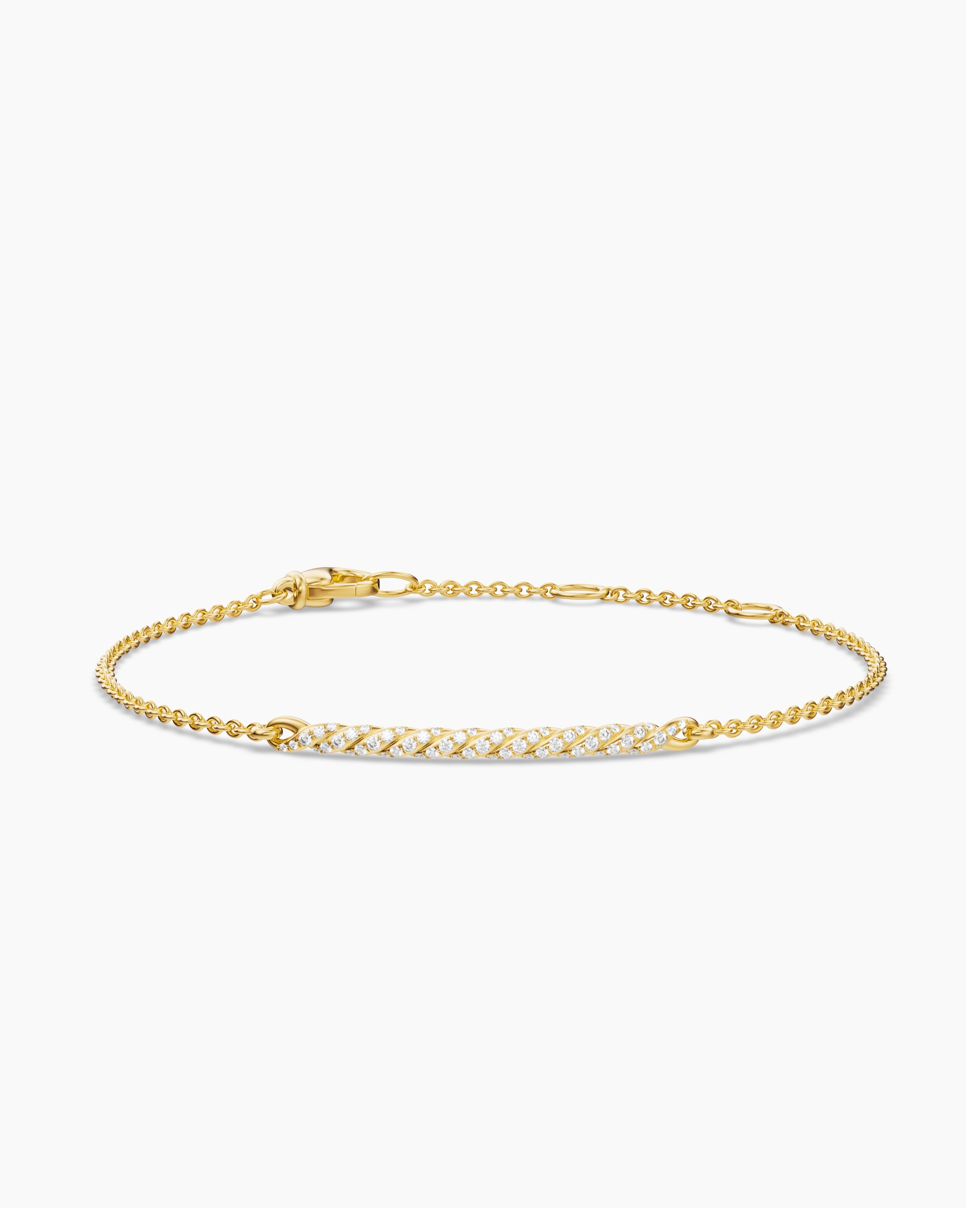 Womens Sculpted Cable Bar Chain Bracelet in 18K Yellow Gold with Diamonds, 2mm