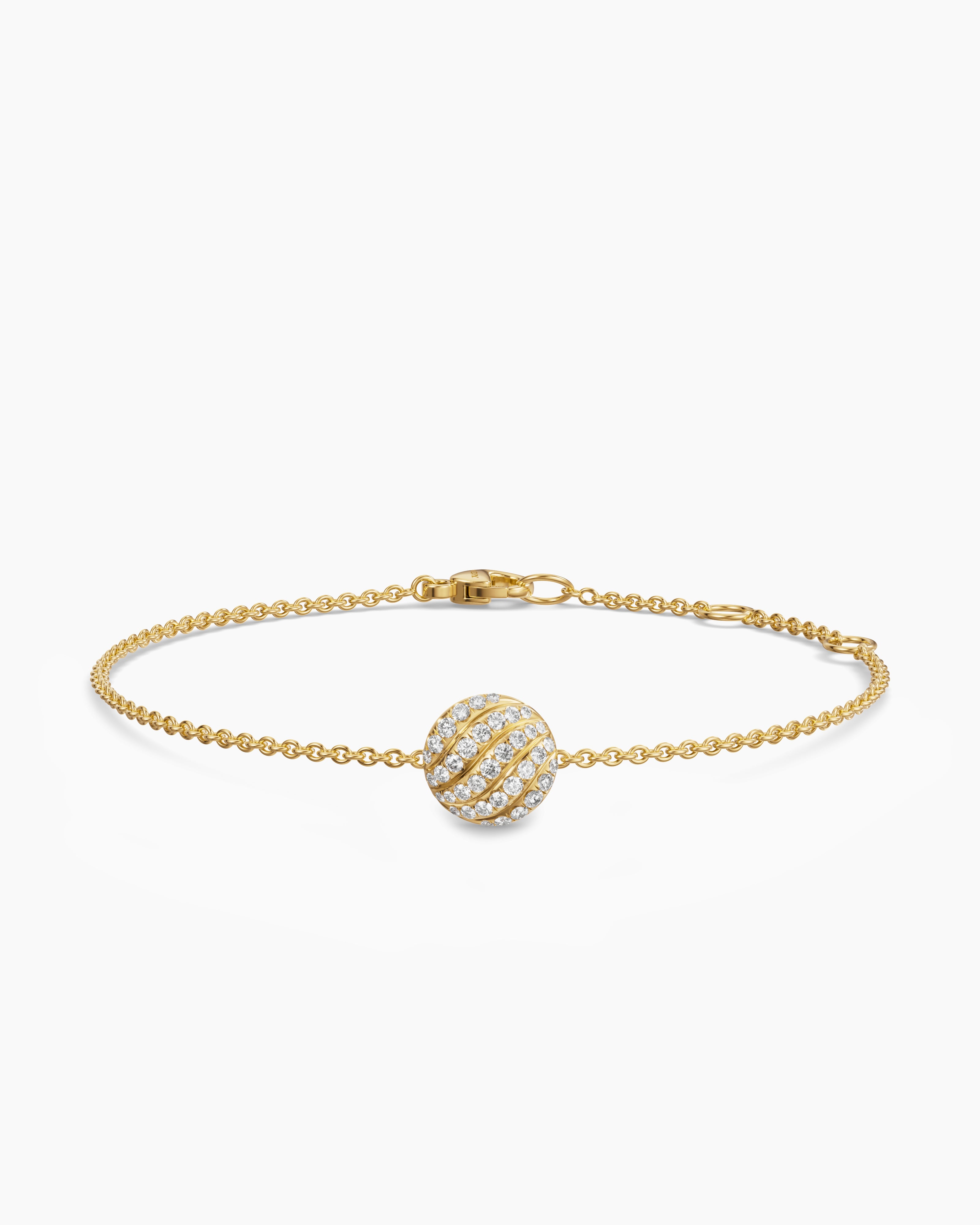 Womens Sculpted Cable Center Station Chain Bracelet in 18K Yellow Gold with Diamonds, 10mm