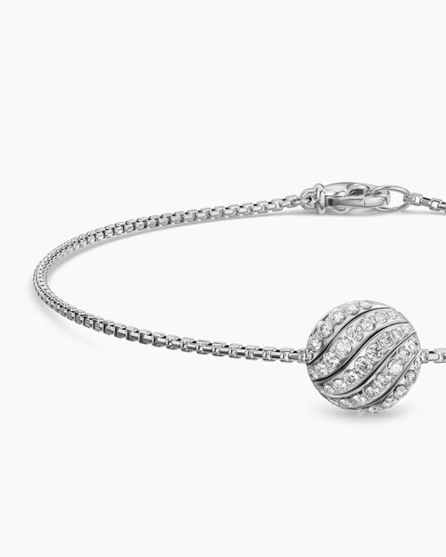 Womens Sculpted Cable Center Station Chain Bracelet in Sterling Silver with Diamonds, 10mm