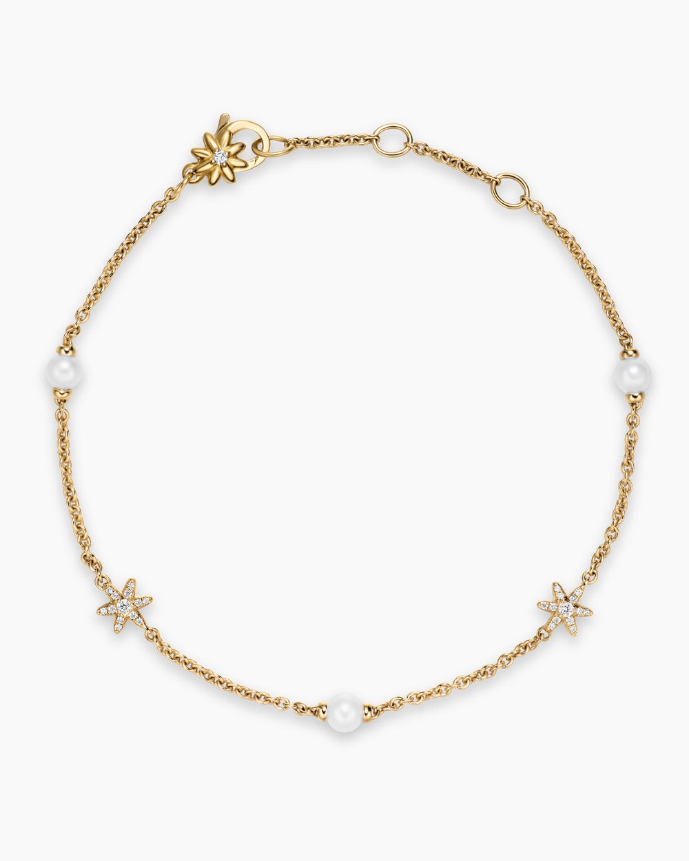 Womens Petite Starburst and Pearl Station Chain Bracelet in 18K Yellow Gold with Pearls and Diamonds, 6mm