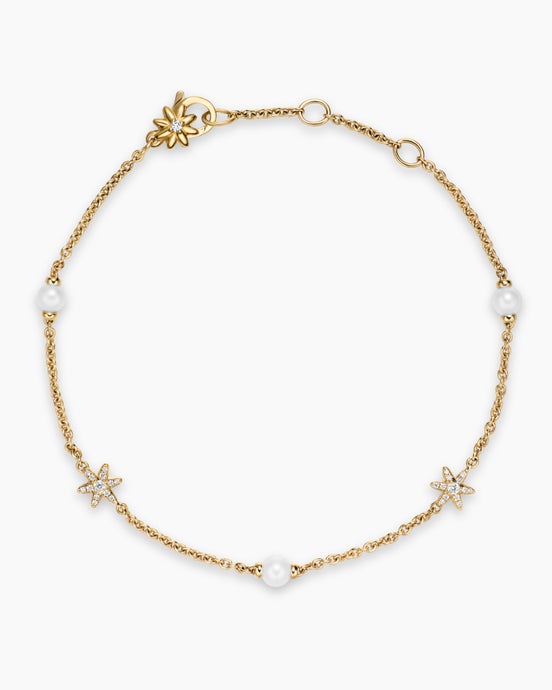 Petite Starburst and Pearl Station Chain Bracelet in 18K Yellow Gold with Pearls and Diamonds, 6mm