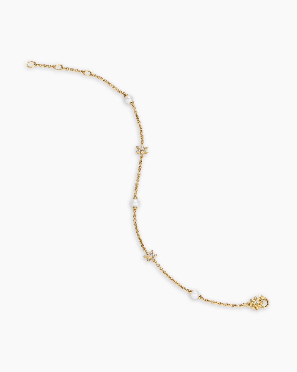Womens Petite Starburst and Pearl Station Chain Bracelet in 18K Yellow Gold with Pearls and Diamonds, 6mm