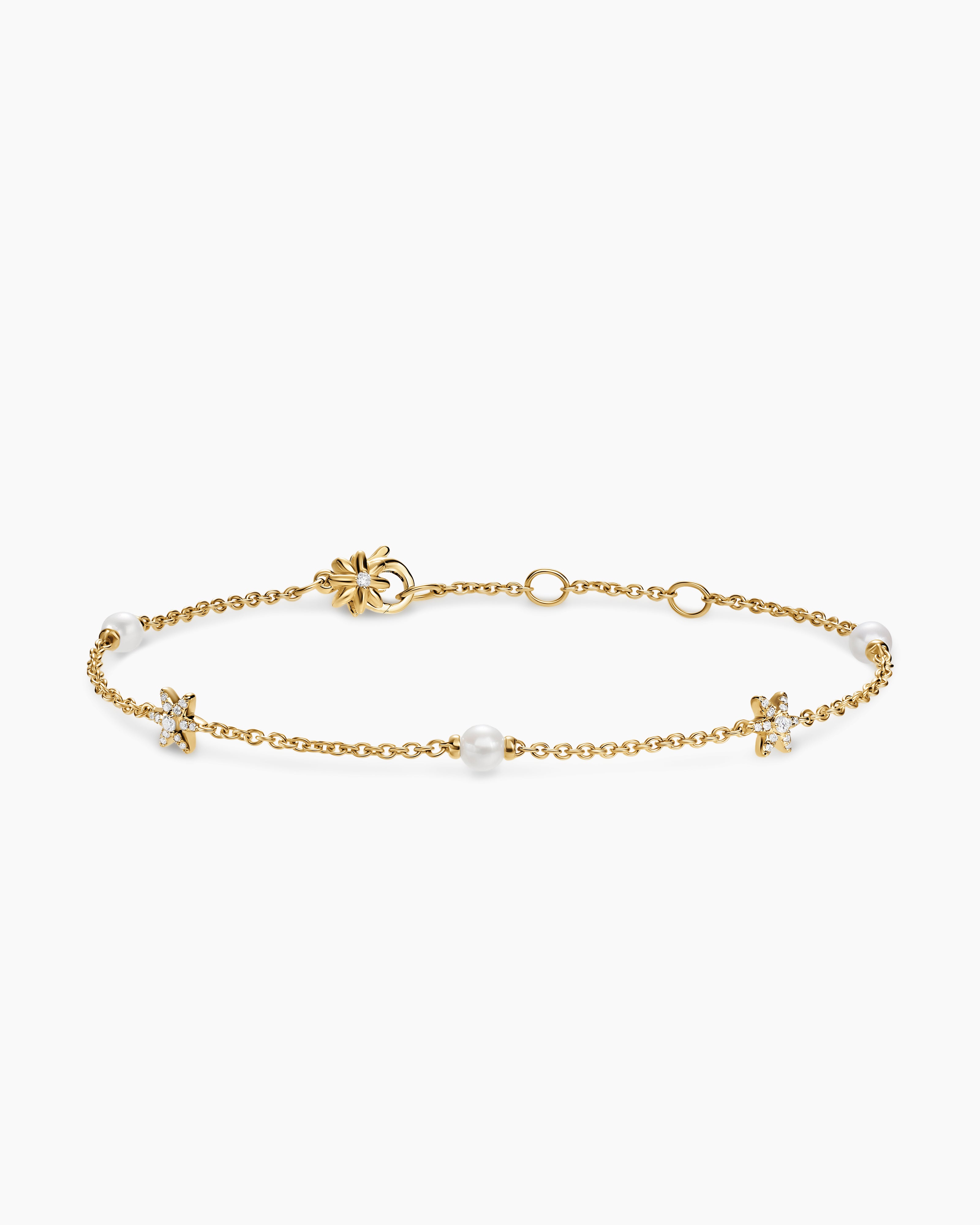 Womens Petite Starburst and Pearl Station Chain Bracelet in 18K Yellow Gold with Pearls and Diamonds, 6mm