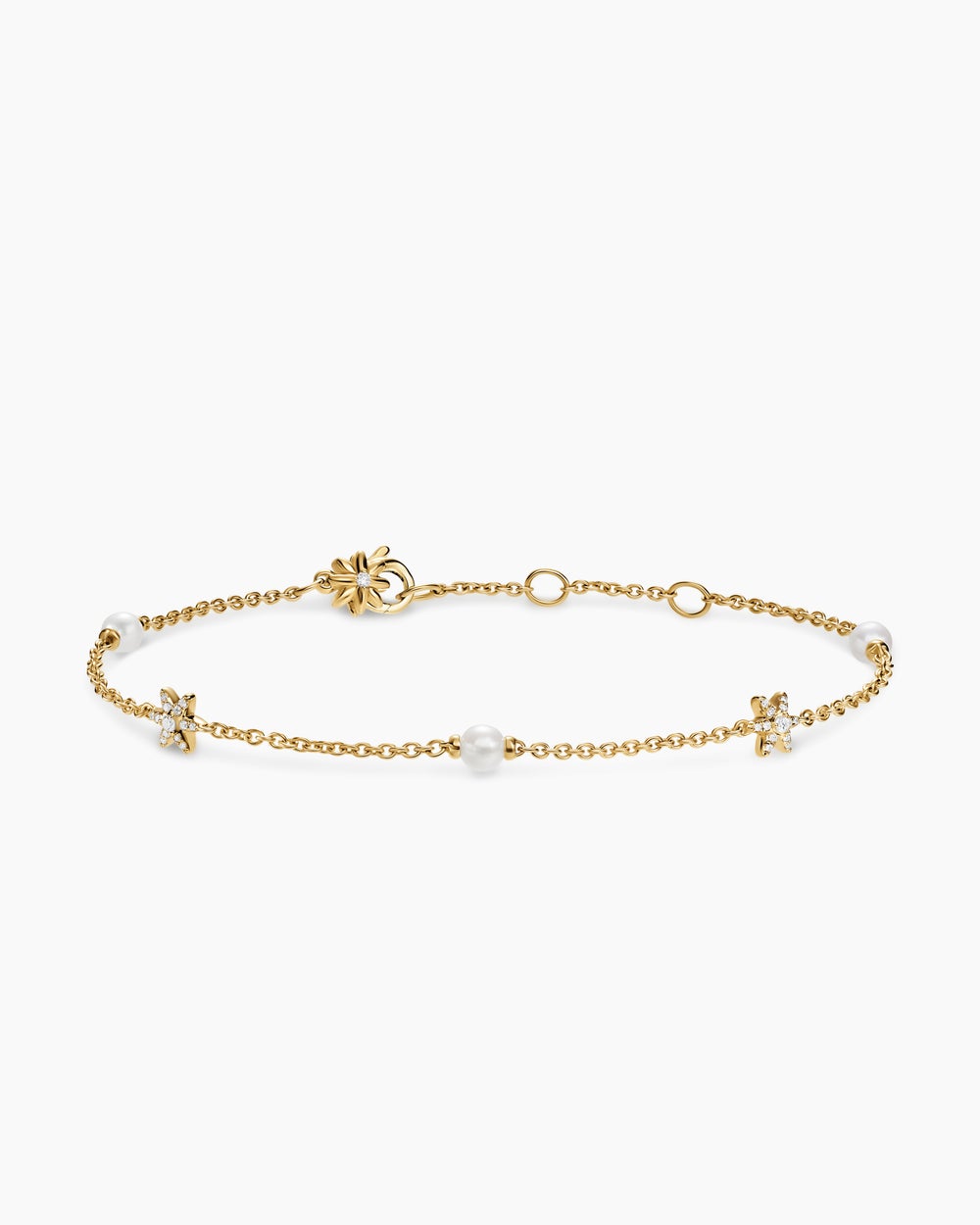 Womens Petite Starburst and Pearl Station Chain Bracelet in 18K Yellow Gold with Pearls and Diamonds, 6mm