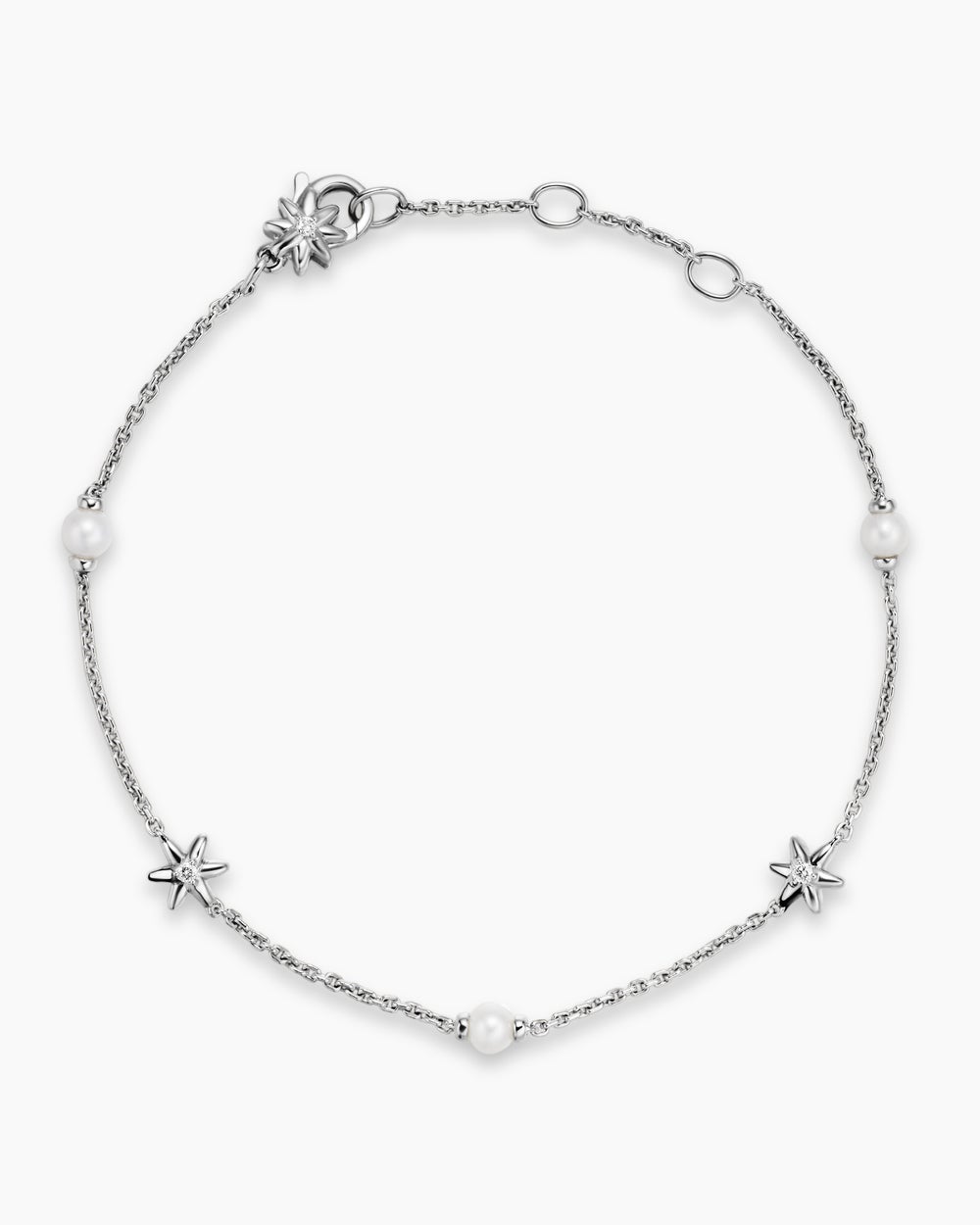 Womens Petite Starburst and Pearl Station Chain Bracelet in Sterling Silver with Pearls and Diamonds, 6mm