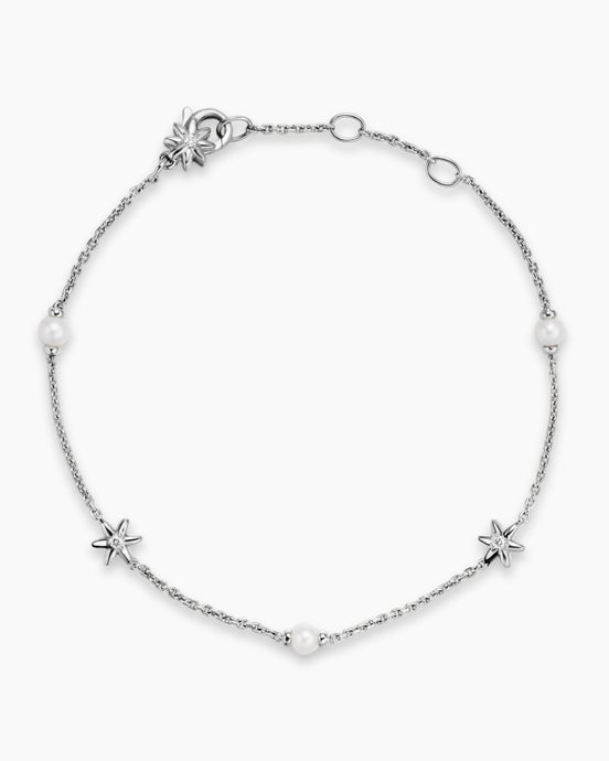 Petite Starburst and Pearl Station Chain Bracelet in Sterling Silver with Pearls and Diamonds, 6mm