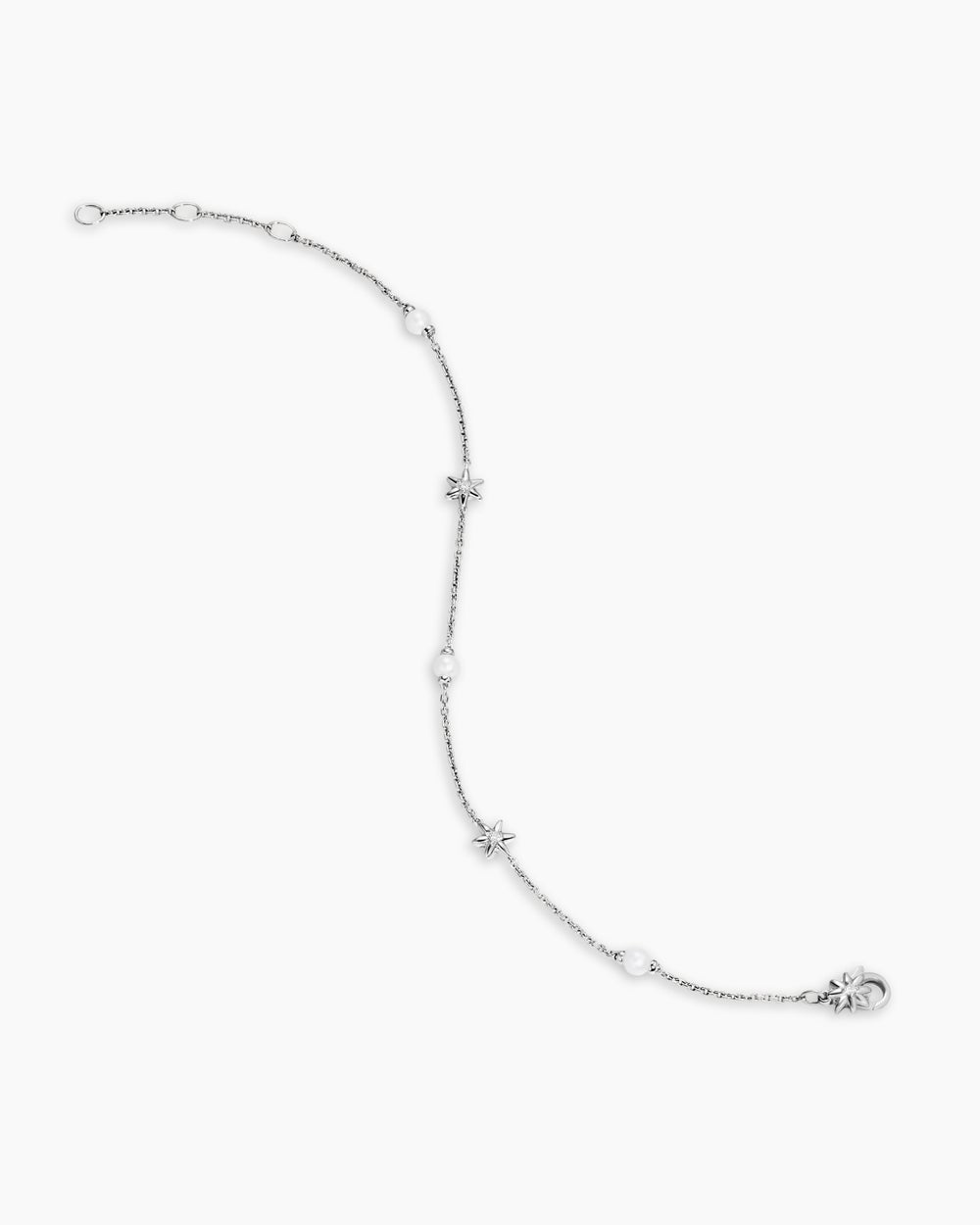 Womens Petite Starburst and Pearl Station Chain Bracelet in Sterling Silver with Pearls and Diamonds, 6mm