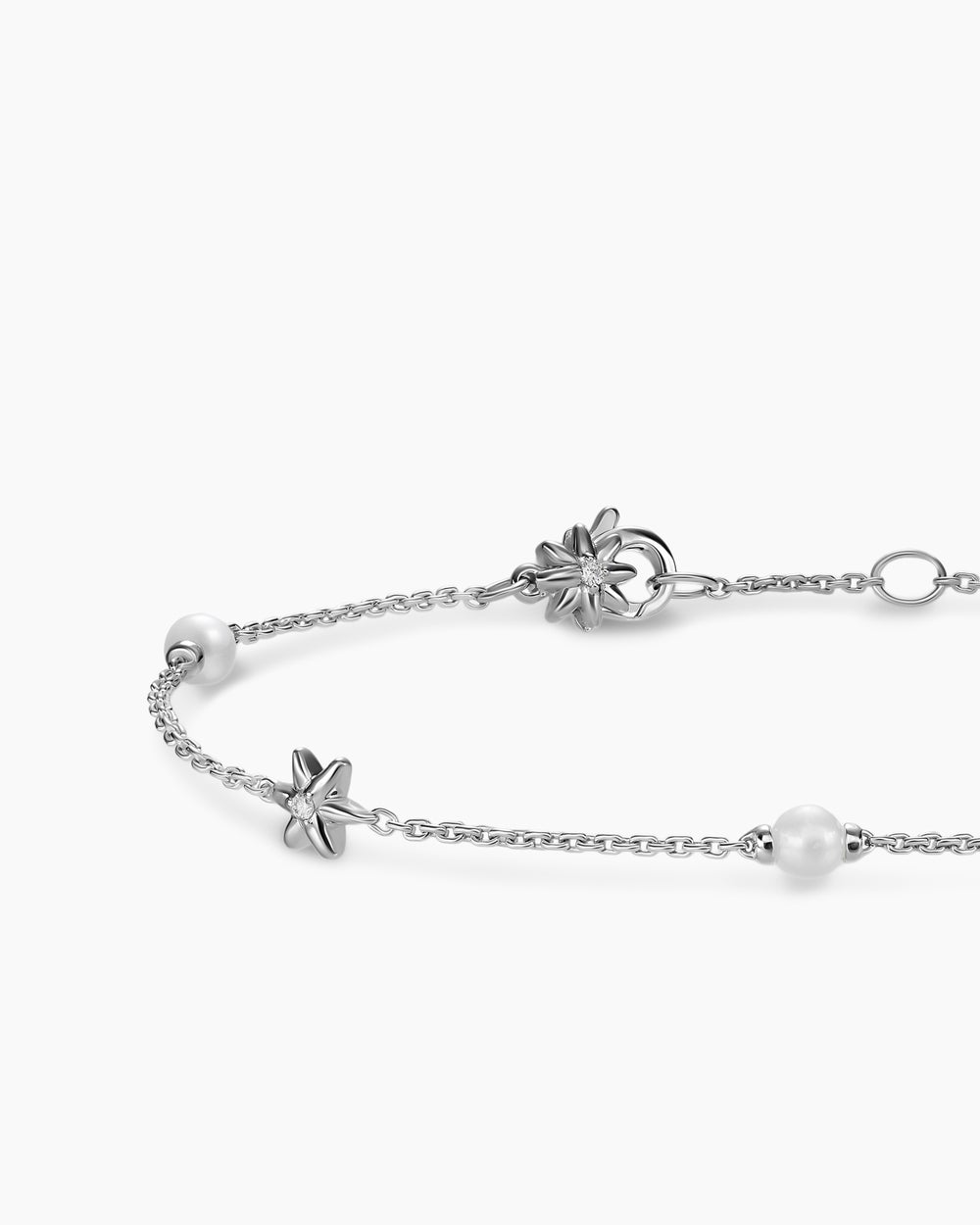 Womens Petite Starburst and Pearl Station Chain Bracelet in Sterling Silver with Pearls and Diamonds, 6mm