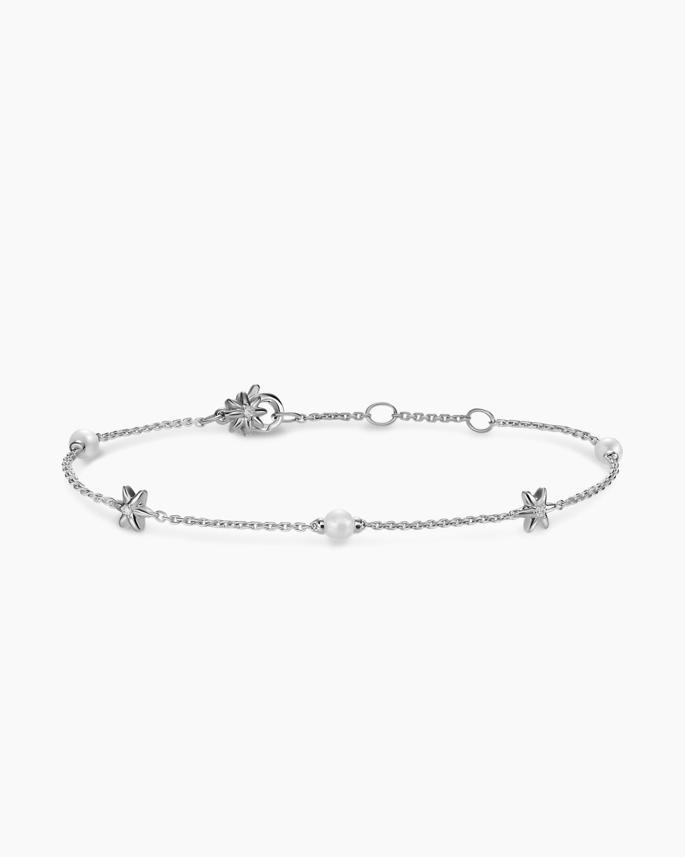 Womens Petite Starburst and Pearl Station Chain Bracelet in Sterling Silver with Pearls and Diamonds, 6mm