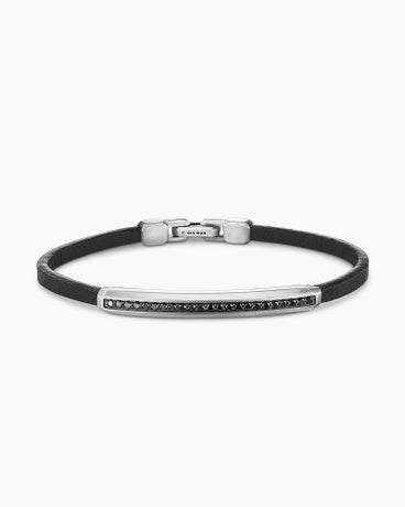 Streamline® ID Bracelet in Black Leather with Sterling Silver and Black Diamonds, 6mm