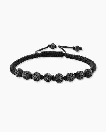 Fortune Woven Bracelet in Black Nylon with Black Diamonds and Serling Silver, 5.5mm