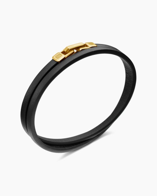 Mens Streamline® Double Wrap Bracelet in Black Leather with 18ct Yellow Gold, 5.2mm