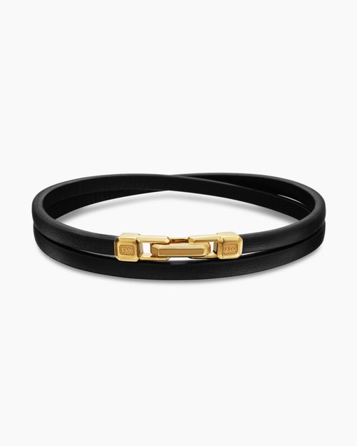 Mens Streamline Double Wrap Leather Bracelet with 18K Yellow Gold, 5.2mm