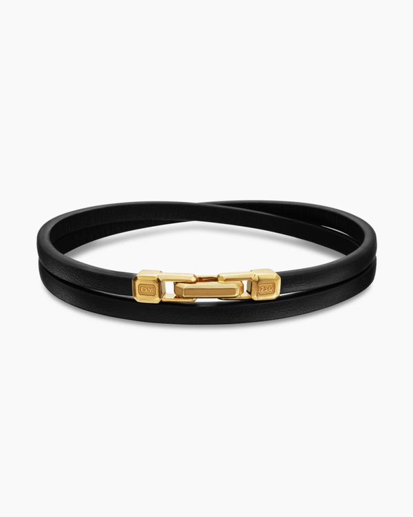Streamline® Double Wrap Bracelet in Black Leather with 18K Yellow Gold, 5.2mm