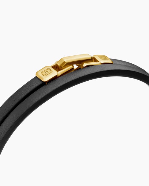 Mens Streamline® Double Wrap Bracelet in Black Leather with 18ct Yellow Gold, 5.2mm