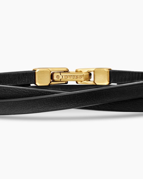 Mens Streamline® Double Wrap Bracelet in Black Leather with 18ct Yellow Gold, 5.2mm