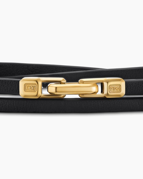 Mens Streamline® Double Wrap Bracelet in Black Leather with 18ct Yellow Gold, 5.2mm